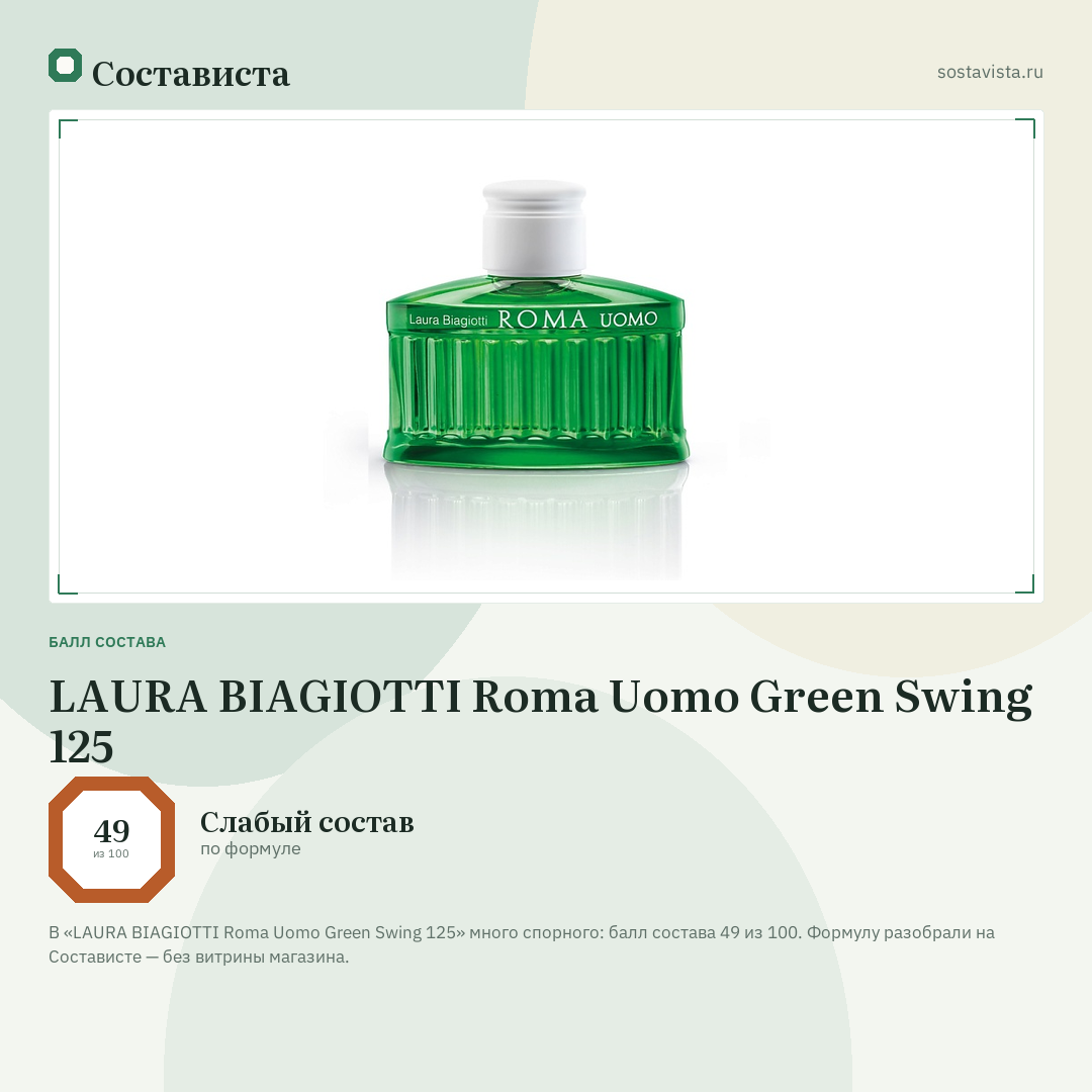 LAURA BIAGIOTTI Roma Uomo Green Swing 125: балл состава 49 из 100 — Состависта