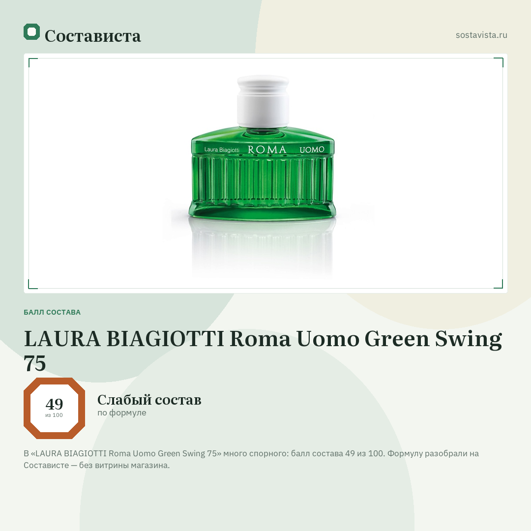 LAURA BIAGIOTTI Roma Uomo Green Swing 75: балл состава 49 из 100 — Состависта