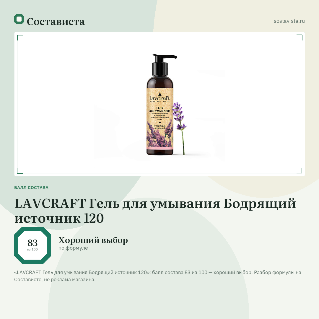 LAVCRAFT Гель для умывания Бодрящий источник 120: балл состава 83 из 100 — Состависта