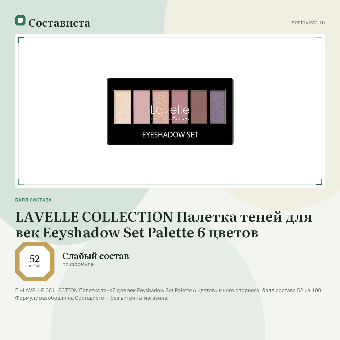 LAVELLE COLLECTION Палетка теней для век Eeyshadow Set Palette 6 цветов: балл состава 52 из 100 — Состависта