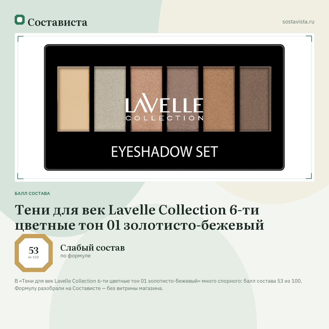Тени для век Lavelle Collection 6-ти цветные тон 01 золотисто-бежевый: балл состава 53 из 100 — Состависта