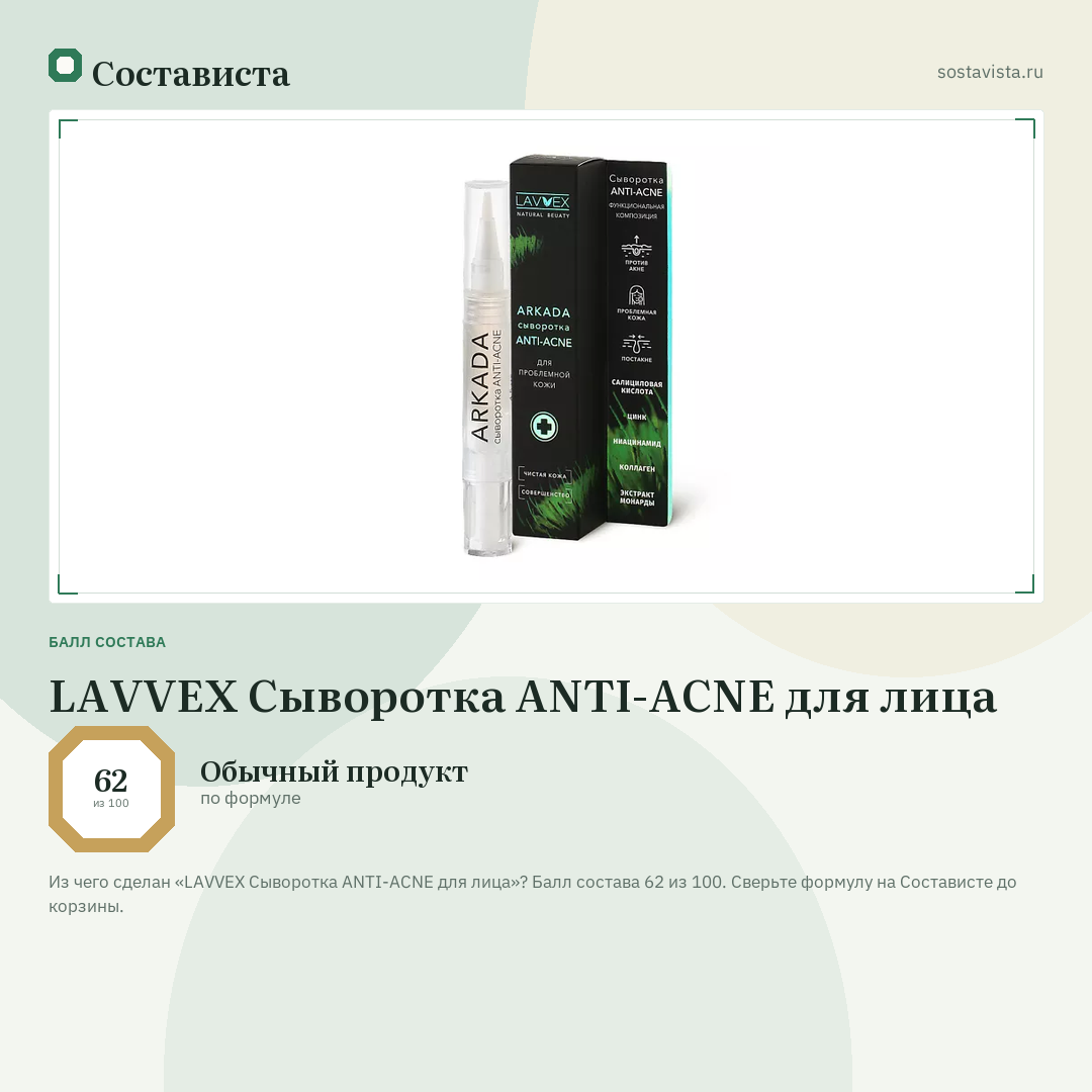 LAVVEX Сыворотка ANTI-ACNE для лица: балл состава 62 из 100 — Состависта