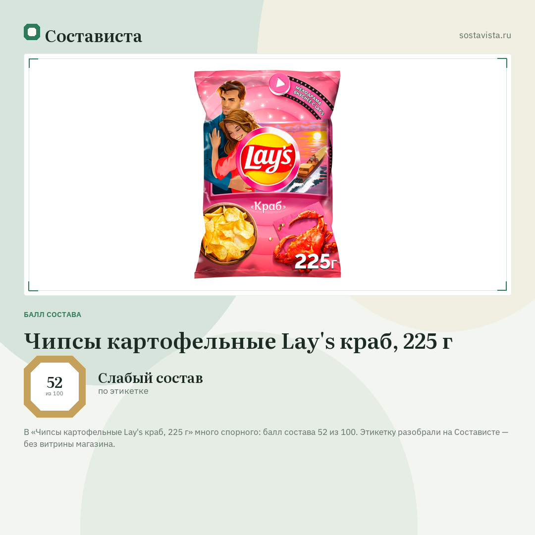 Чипсы картофельные Lay's краб, 225 г: балл состава 52 из 100 — Состависта