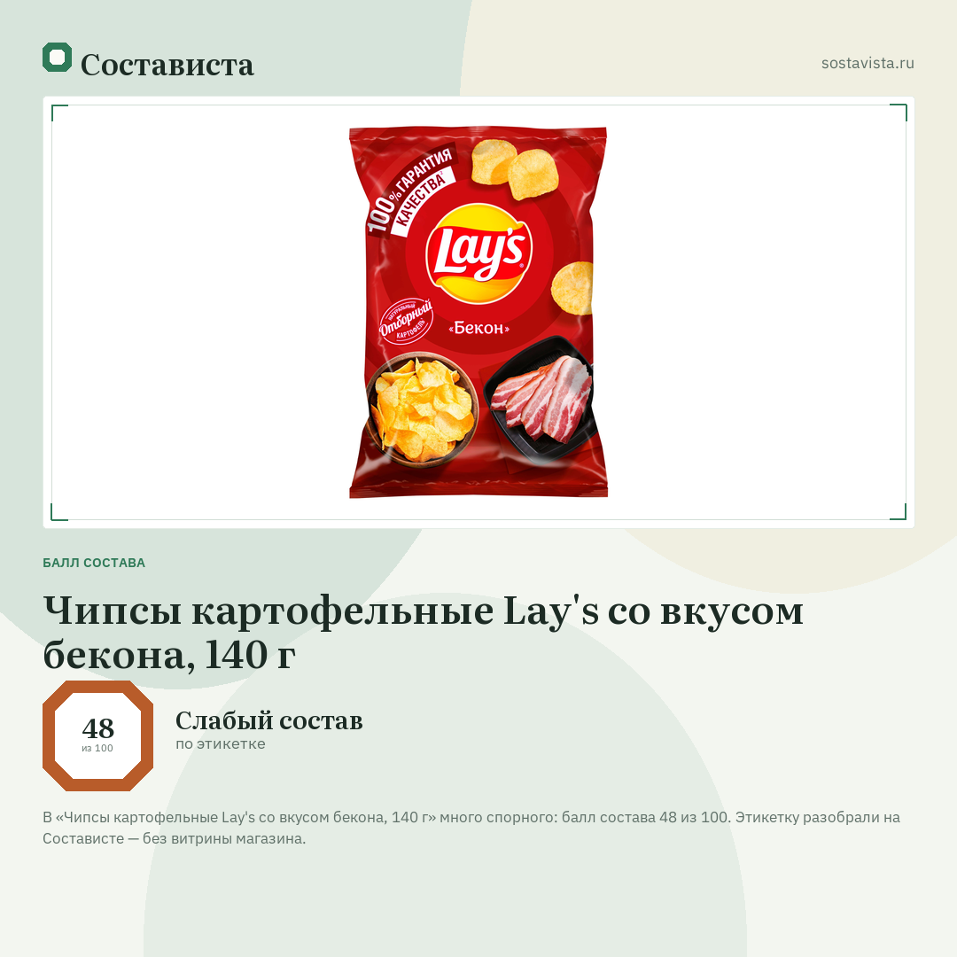 Чипсы картофельные Lay's со вкусом бекона, 140 г: балл состава 48 из 100 — Состависта