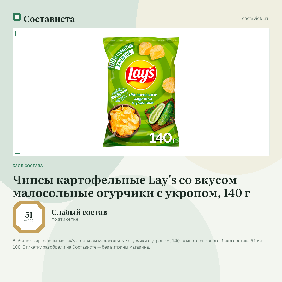 Чипсы картофельные Lay's со вкусом малосольные огурчики с укропом, 140 г: балл состава 51 из 100 — Состависта