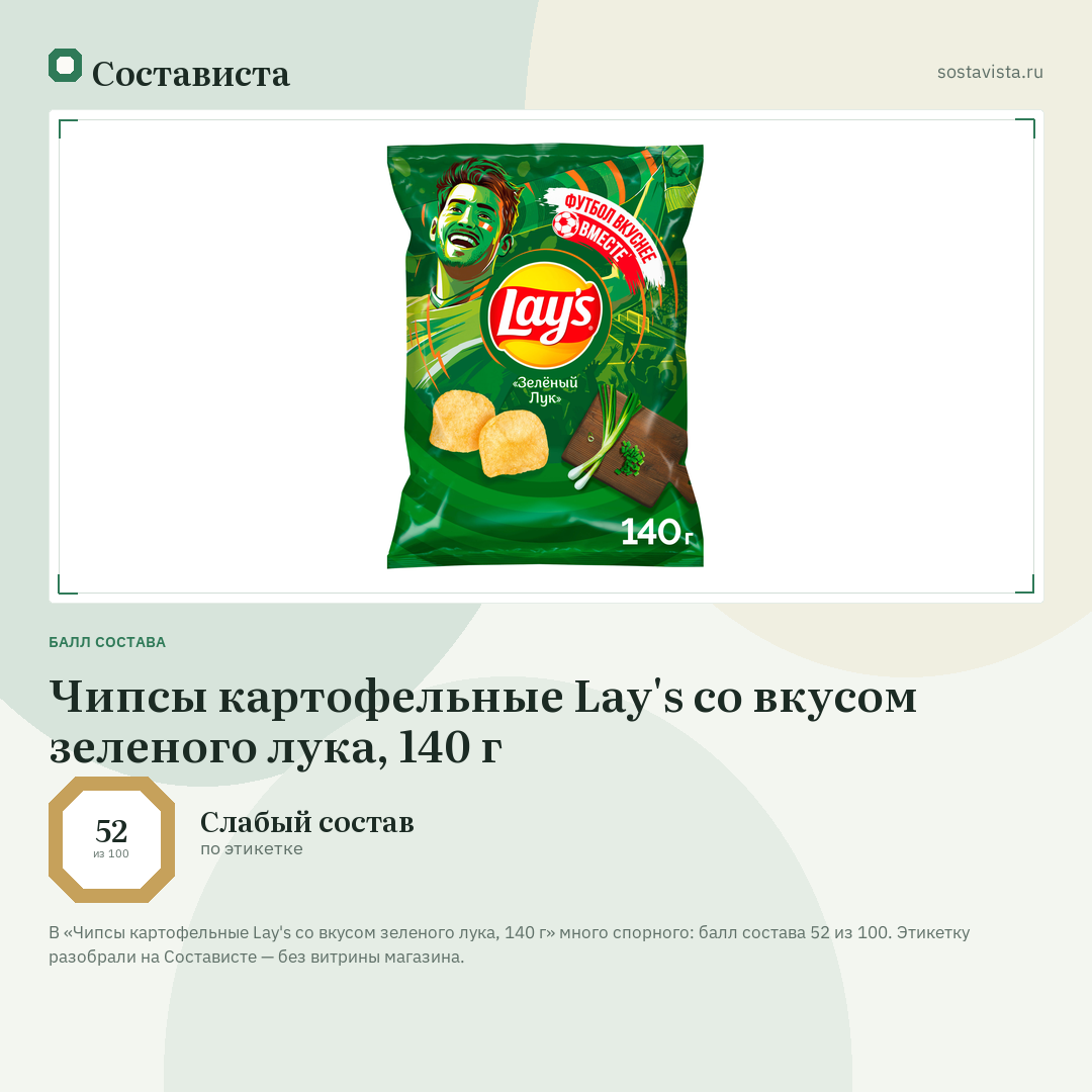 Чипсы картофельные Lay's со вкусом зеленого лука, 140 г: балл состава 52 из 100 — Состависта