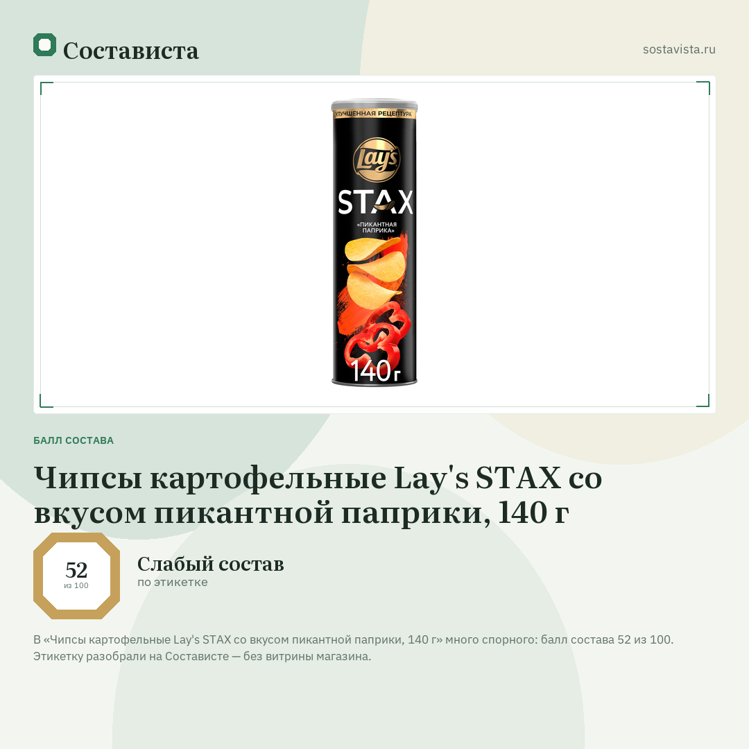 Чипсы картофельные Lay's STAX со вкусом пикантной паприки, 140 г: балл состава 52 из 100 — Состависта