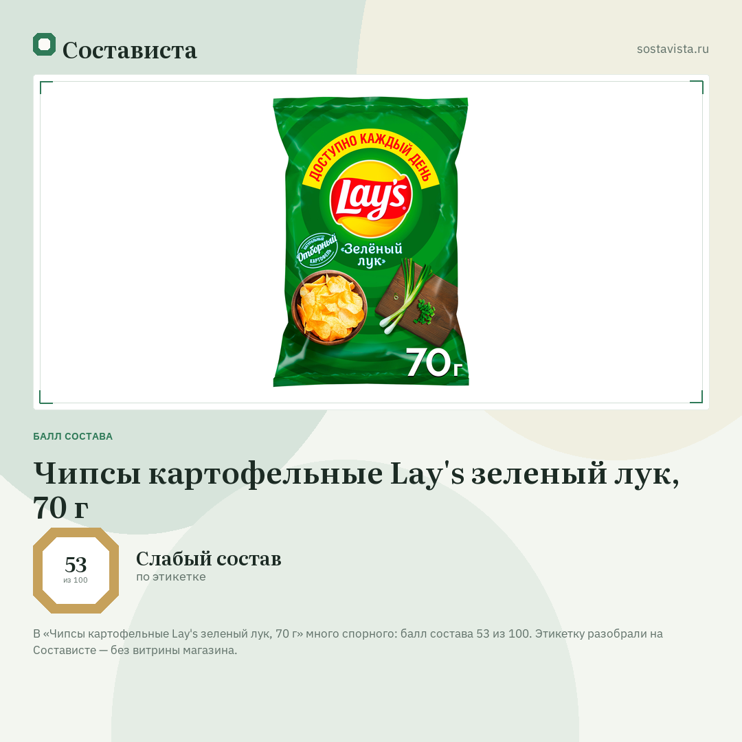 Чипсы картофельные Lay's зеленый лук, 70 г: балл состава 53 из 100 — Состависта