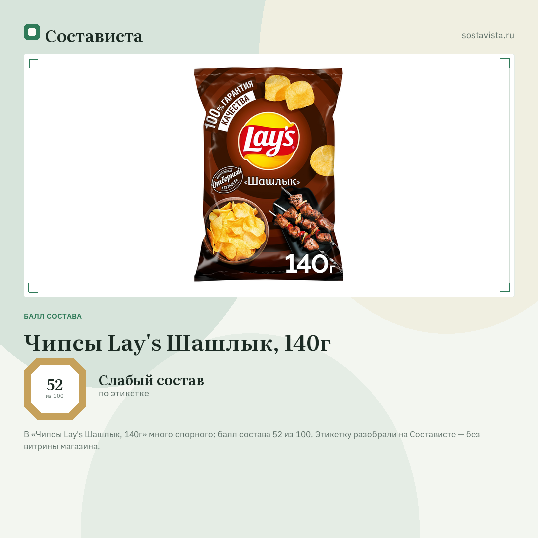 Чипсы Lay's Шашлык, 140г: балл состава 52 из 100 — Состависта