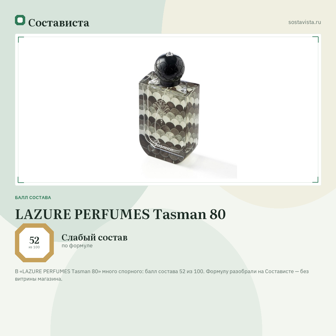 LAZURE PERFUMES Tasman 80: балл состава 52 из 100 — Состависта