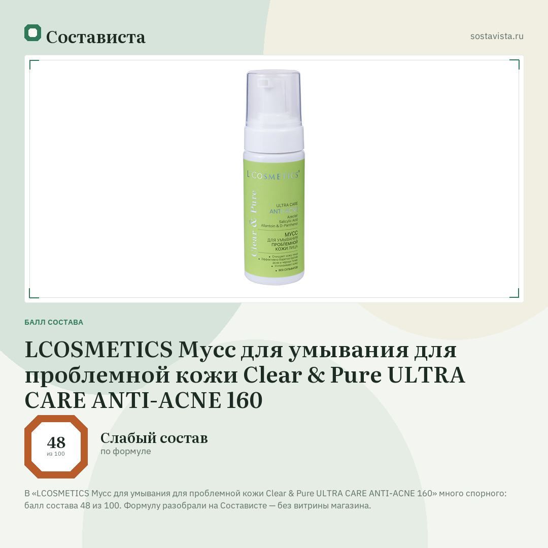 LCOSMETICS Мусс для умывания для проблемной кожи Clear & Pure ULTRA CARE ANTI-ACNE 160: балл состава 48 из 100 — Состависта