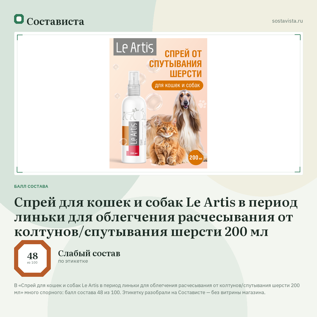 Спрей для кошек и собак Le Artis в период линьки для облегчения расчесывания от колтунов/спутывания шерсти 200 мл: балл состава 48 из 100 — Состависта