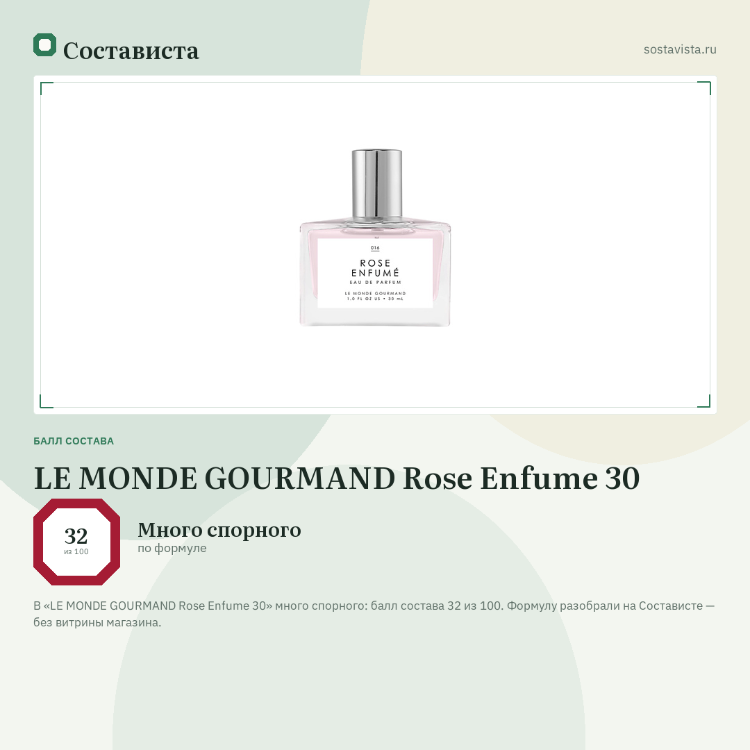 LE MONDE GOURMAND Rose Enfume 30: балл состава 32 из 100 — Состависта