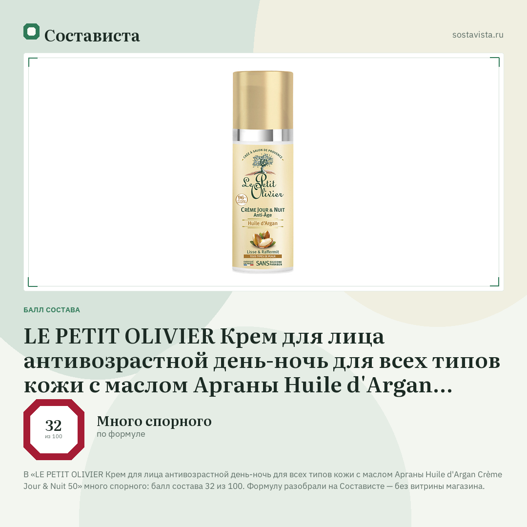 LE PETIT OLIVIER Крем для лица антивозрастной день-ночь для всех типов кожи с маслом Арганы Huile d'Argan Crème Jour & Nuit 50: балл состава 32 из 100 — Состависта