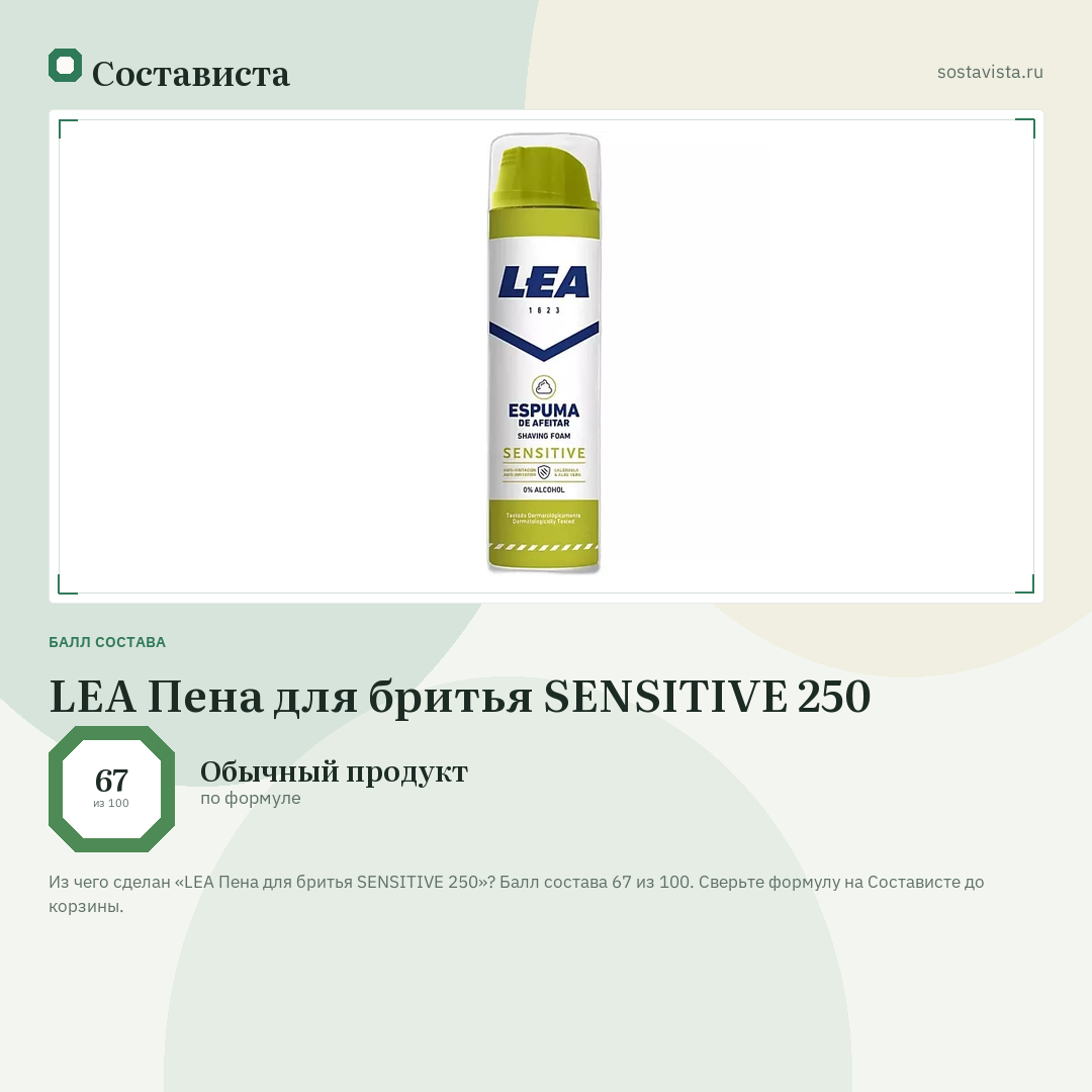 LEA Пена для бритья SENSITIVE 250: балл состава 67 из 100 — Состависта