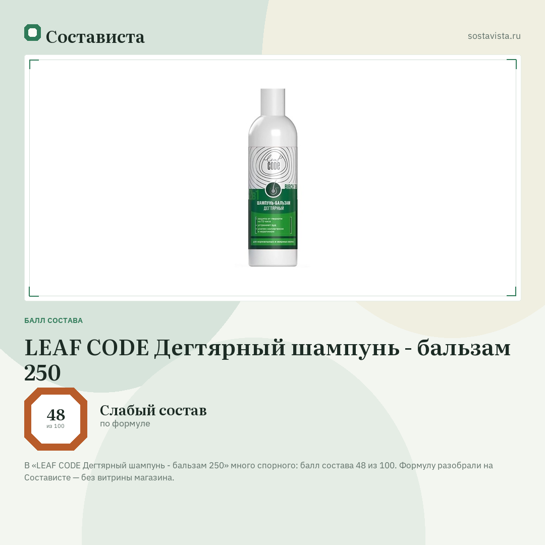 LEAF CODE Дегтярный шампунь - бальзам 250: балл состава 48 из 100 — Состависта