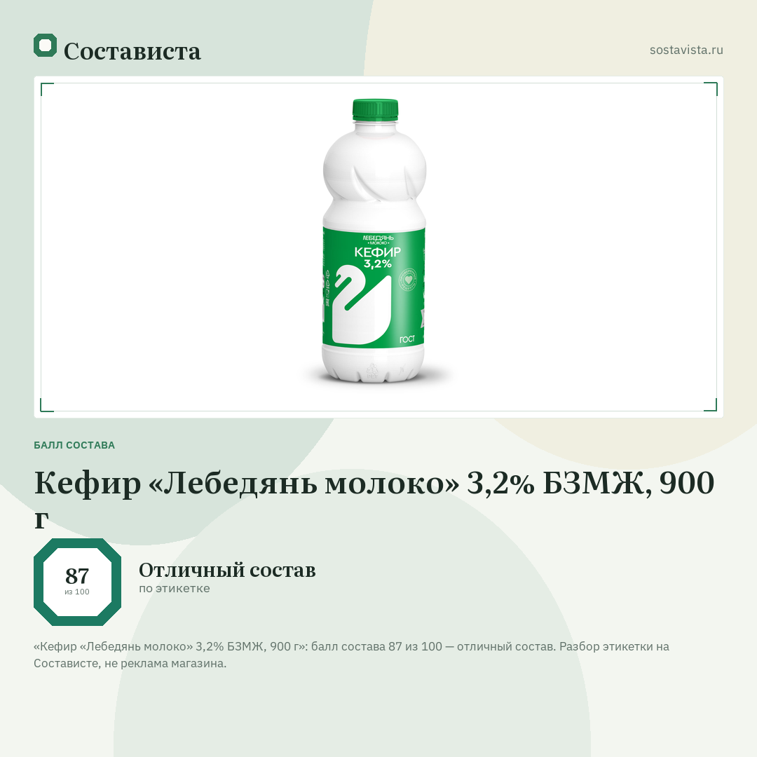 Кефир «Лебедянь молоко» 3,2% БЗМЖ, 900 г: балл состава 87 из 100 — Состависта