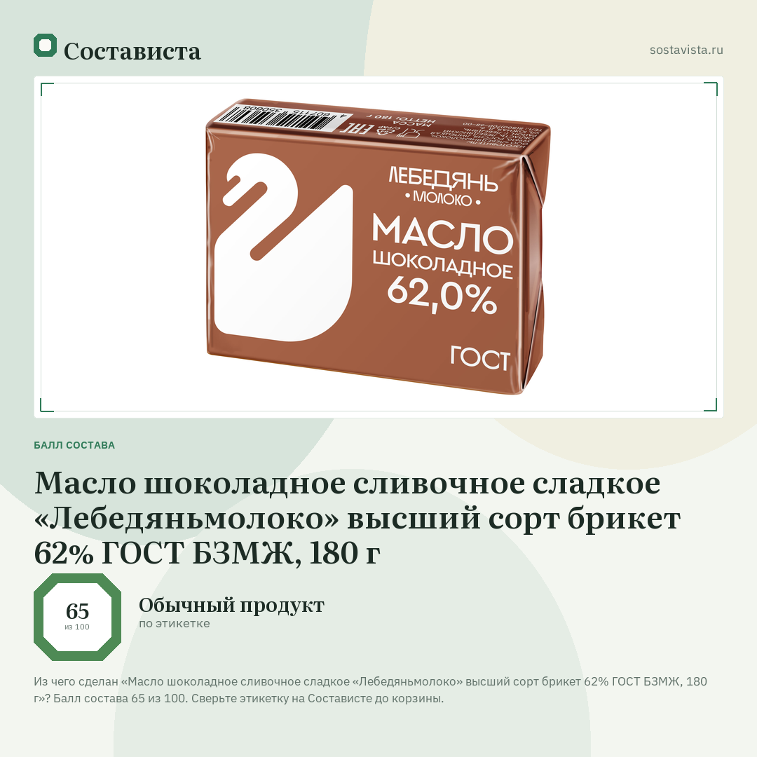 Масло шоколадное сливочное сладкое «Лебедяньмолоко» высший сорт брикет 62% ГОСТ БЗМЖ, 180 г: балл состава 65 из 100 — Состависта