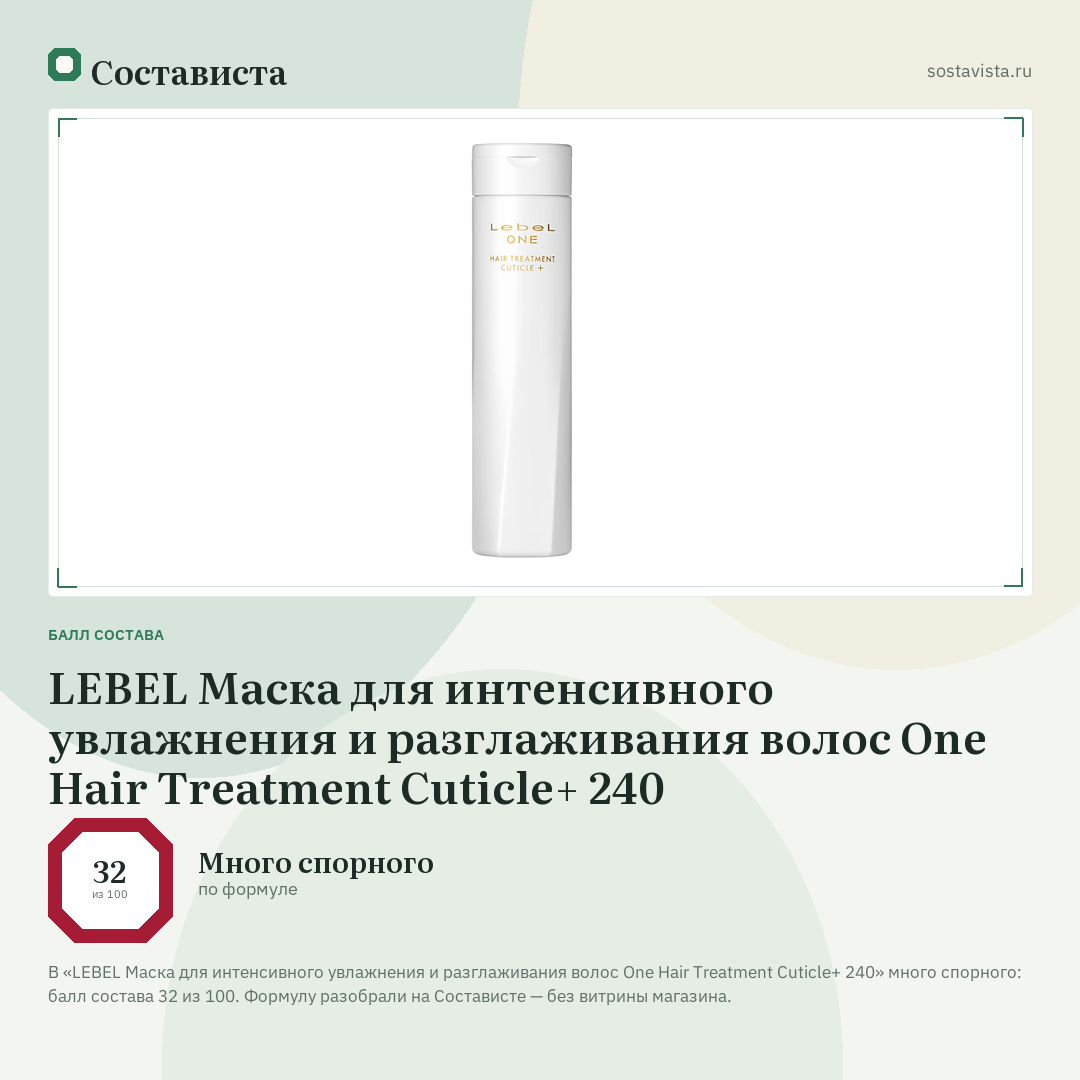 LEBEL Маска для интенсивного увлажнения и разглаживания волос One Hair Treatment Cuticle+ 240: балл состава 32 из 100 — Состависта