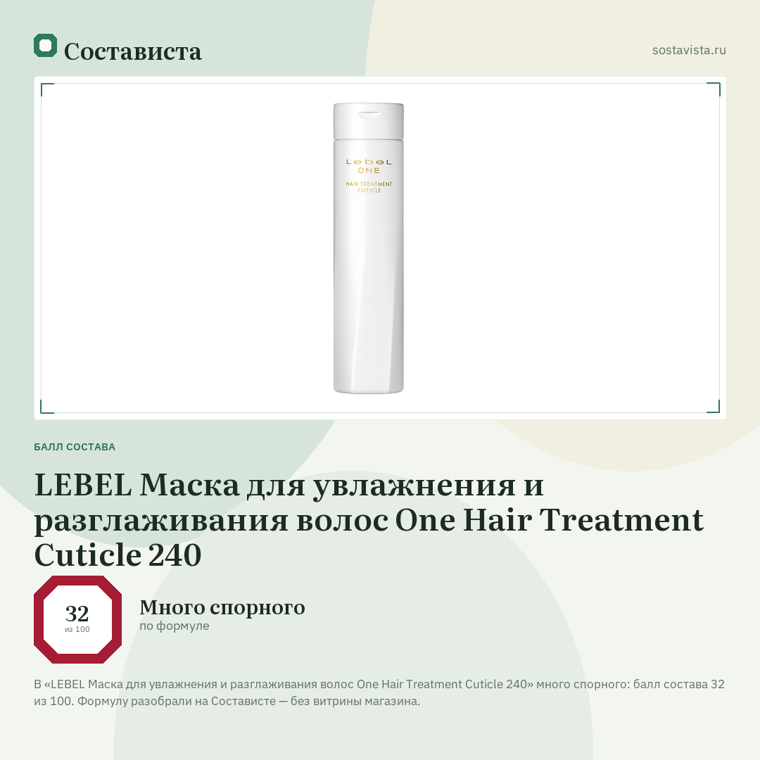 LEBEL Маска для увлажнения и разглаживания волос One Hair Treatment Cuticle 240: балл состава 32 из 100 — Состависта