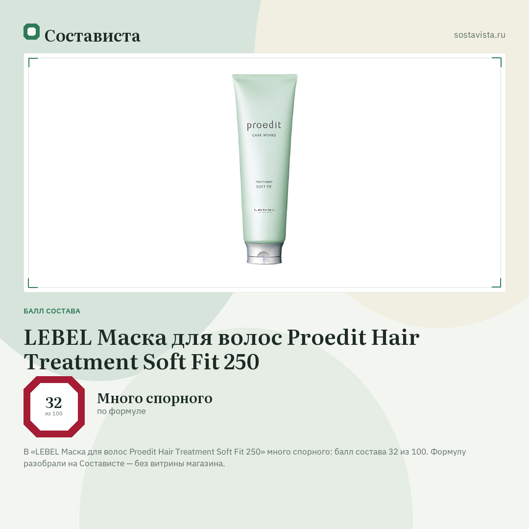 LEBEL Маска для волос Proedit Hair Treatment Soft Fit 250: балл состава 32 из 100 — Состависта