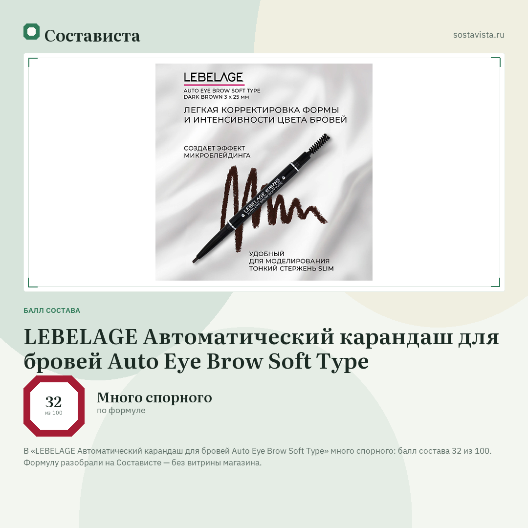 LEBELAGE Автоматический карандаш для бровей Auto Eye Brow Soft Type: балл состава 32 из 100 — Состависта