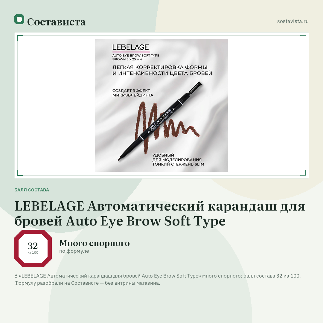 LEBELAGE Автоматический карандаш для бровей Auto Eye Brow Soft Type: балл состава 32 из 100 — Состависта