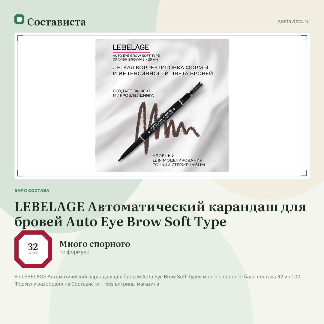 LEBELAGE Автоматический карандаш для бровей Auto Eye Brow Soft Type: балл состава 32 из 100 — Состависта
