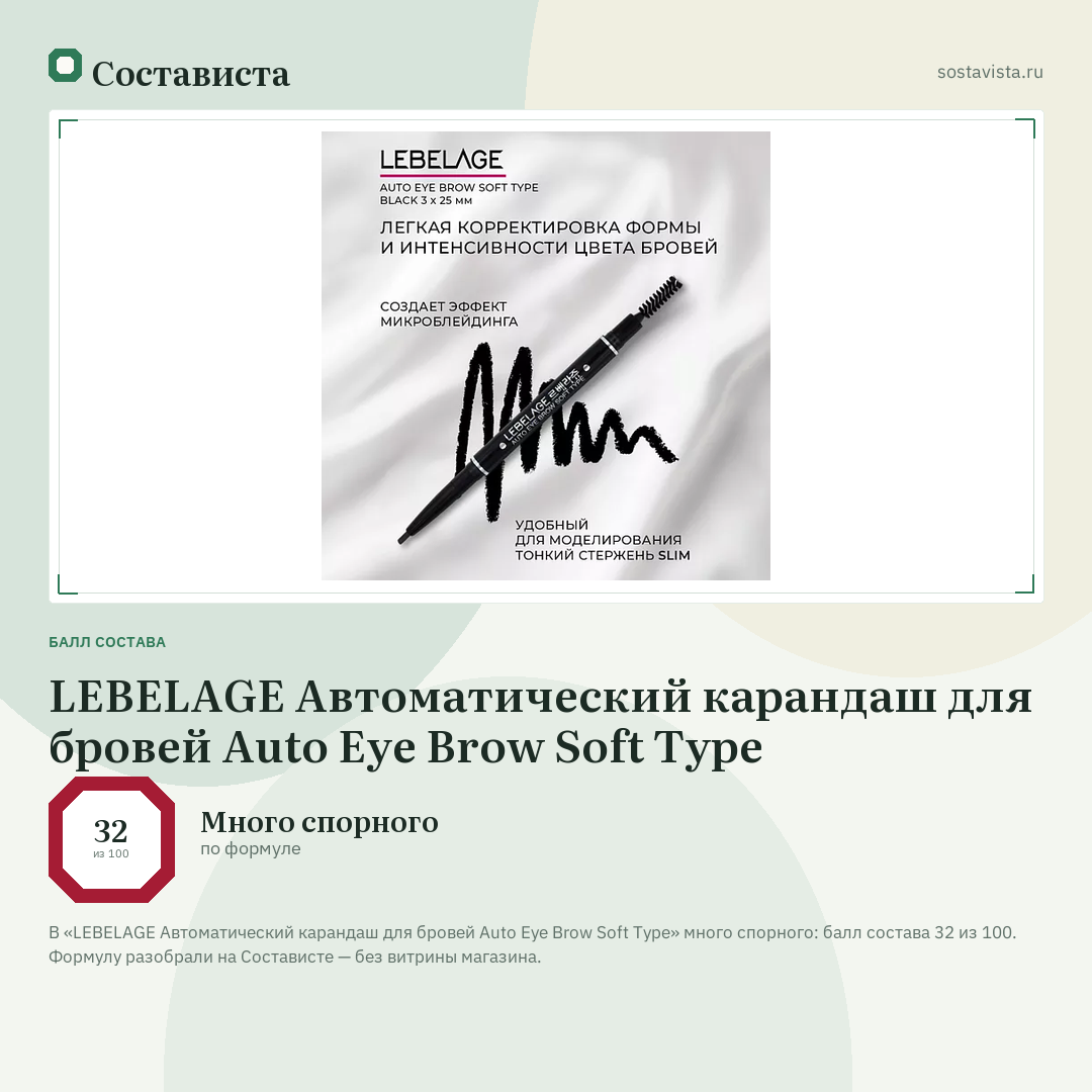 LEBELAGE Автоматический карандаш для бровей Auto Eye Brow Soft Type: балл состава 32 из 100 — Состависта