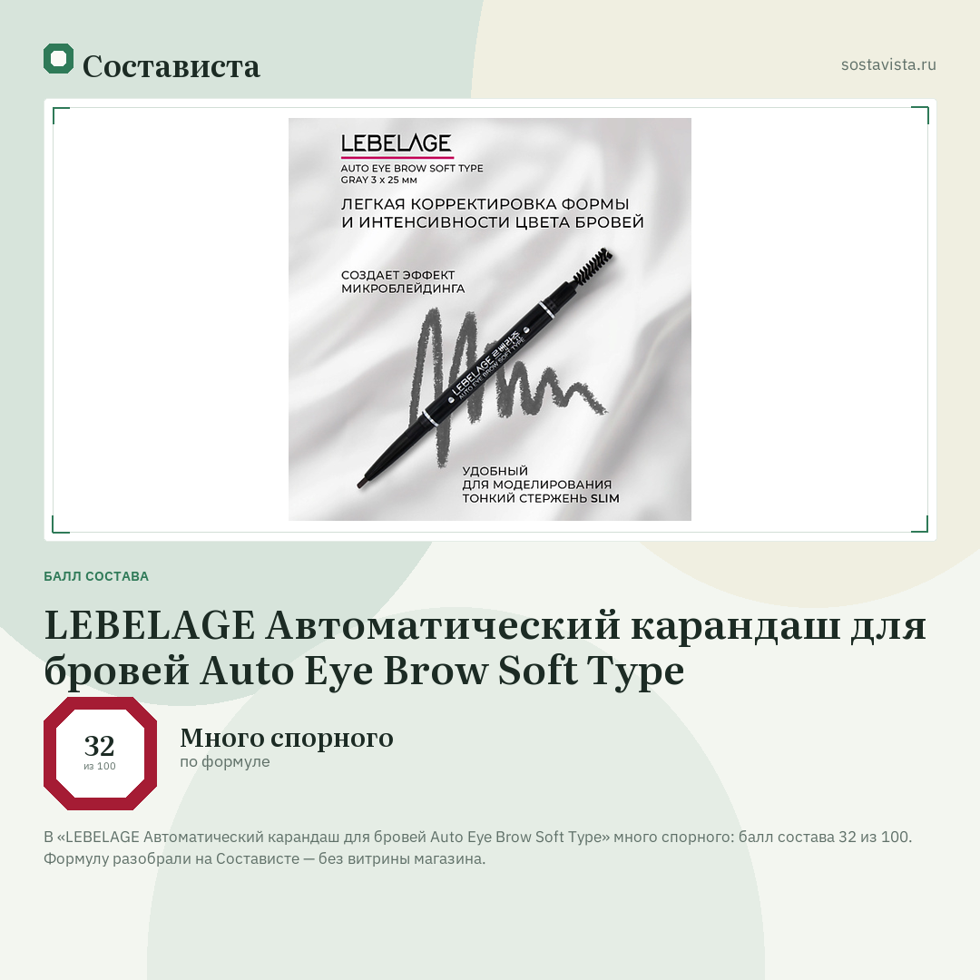 LEBELAGE Автоматический карандаш для бровей Auto Eye Brow Soft Type: балл состава 32 из 100 — Состависта