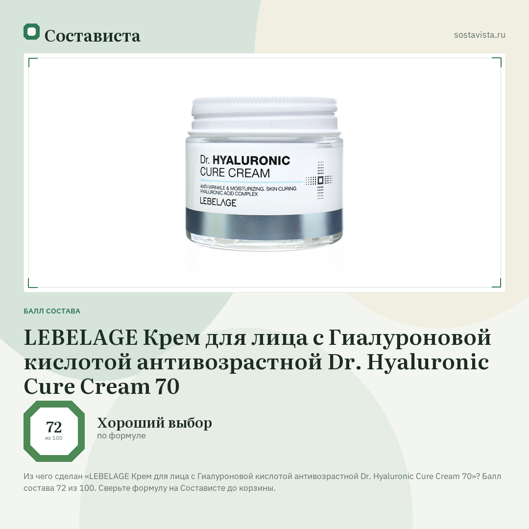 LEBELAGE Крем для лица с Гиалуроновой кислотой антивозрастной Dr. Hyaluronic Cure Cream 70: балл состава 72 из 100 — Состависта