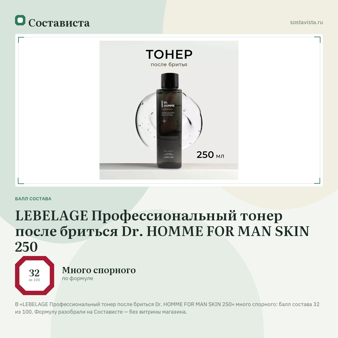 LEBELAGE Профессиональный тонер после бриться Dr. HOMME FOR MAN SKIN 250: балл состава 32 из 100 — Состависта