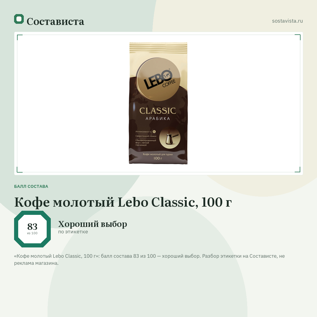 Кофе молотый Lebo Classic, 100 г: балл состава 83 из 100 — Состависта