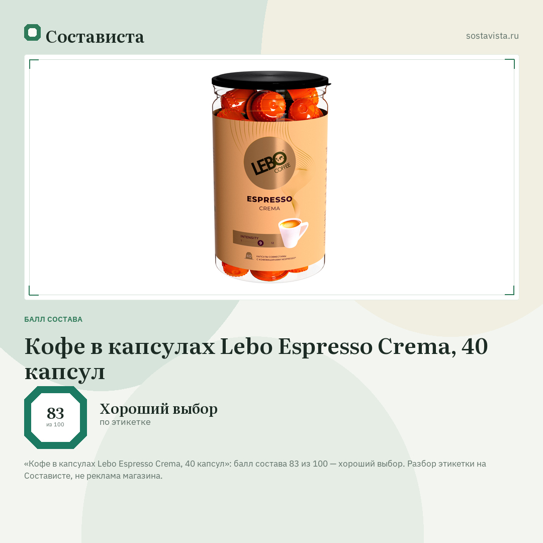 Кофе в капсулах Lebo Espresso Crema, 40 капсул: балл состава 83 из 100 — Состависта
