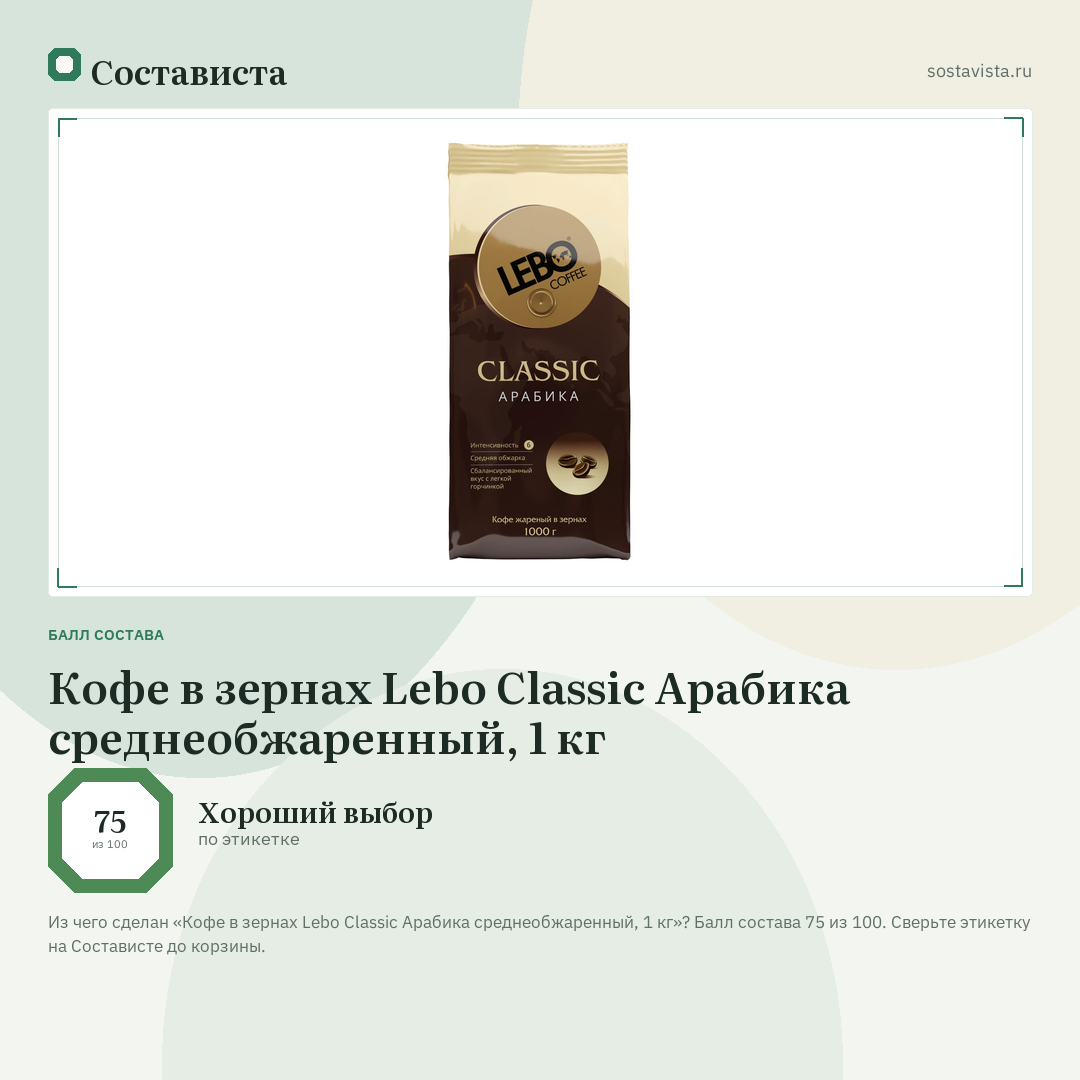 Кофе в зернах Lebo Classic Арабика среднеобжаренный, 1 кг: балл состава 75 из 100 — Состависта