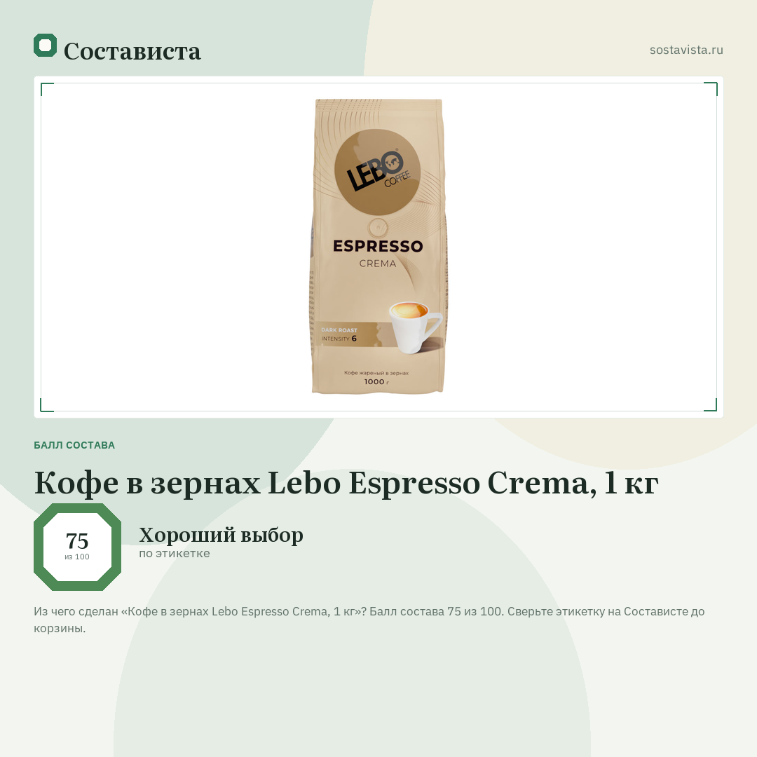 Кофе в зернах Lebo Espresso Crema, 1 кг: балл состава 75 из 100 — Состависта