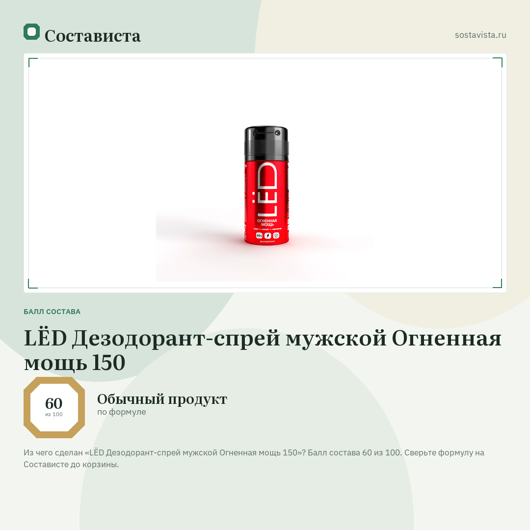 LЁD Дезодорант-спрей мужской Огненная мощь 150: балл состава 60 из 100 — Состависта