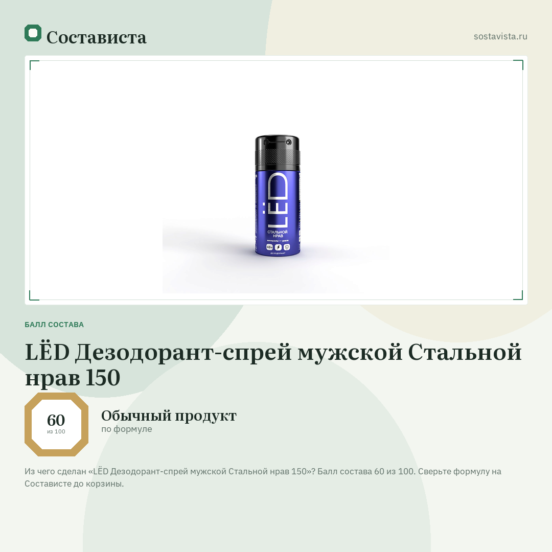 LЁD Дезодорант-спрей мужской Стальной нрав 150: балл состава 60 из 100 — Состависта
