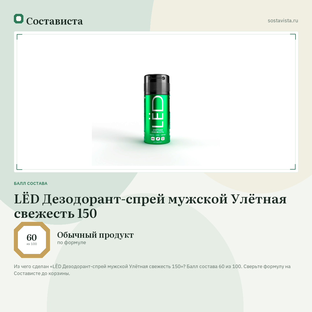 LЁD Дезодорант-спрей мужской Улётная свежесть 150: балл состава 60 из 100 — Состависта