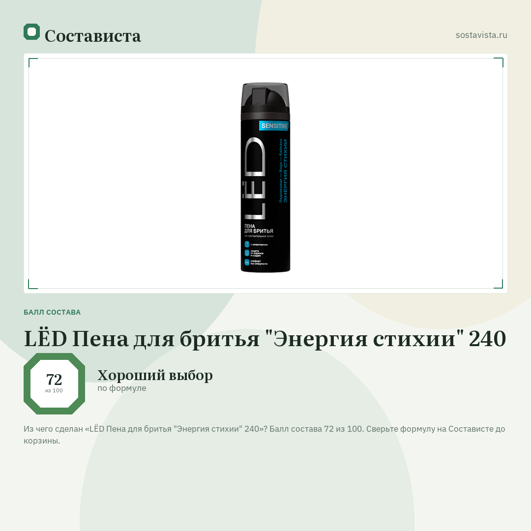 LЁD Пена для бритья "Энергия стихии" 240: балл состава 72 из 100 — Состависта