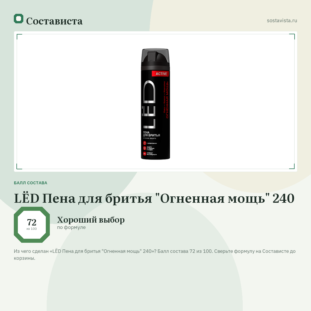 LЁD Пена для бритья "Огненная мощь" 240: балл состава 72 из 100 — Состависта