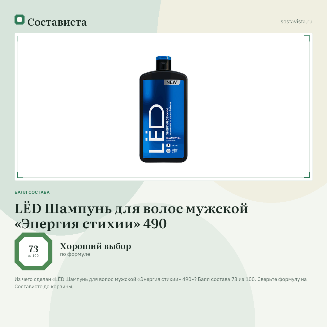 LЁD Шампунь для волос мужской «Энергия стихии» 490: балл состава 73 из 100 — Состависта
