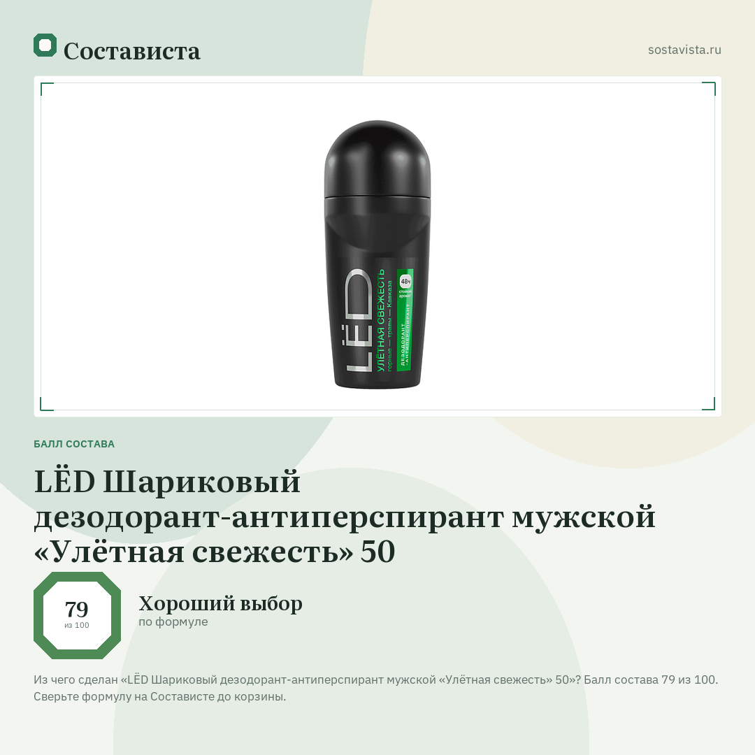 LЁD Шариковый дезодорант-антиперспирант мужской «Улётная свежесть» 50: балл состава 79 из 100 — Состависта