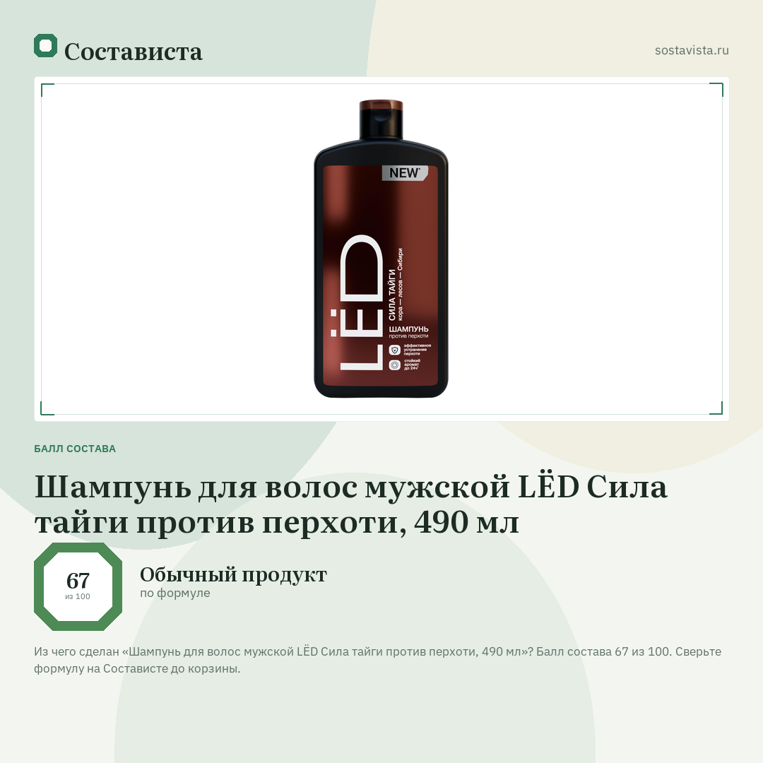 Шампунь для волос мужской LЁD Сила тайги против перхоти, 490 мл: балл состава 67 из 100 — Состависта