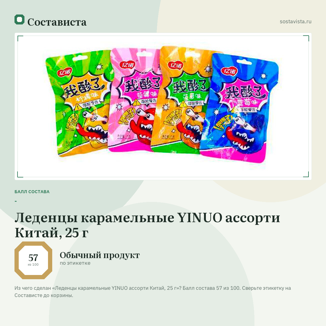 Леденцы карамельные YINUO ассорти Китай, 25 г: балл состава 57 из 100 — Состависта
