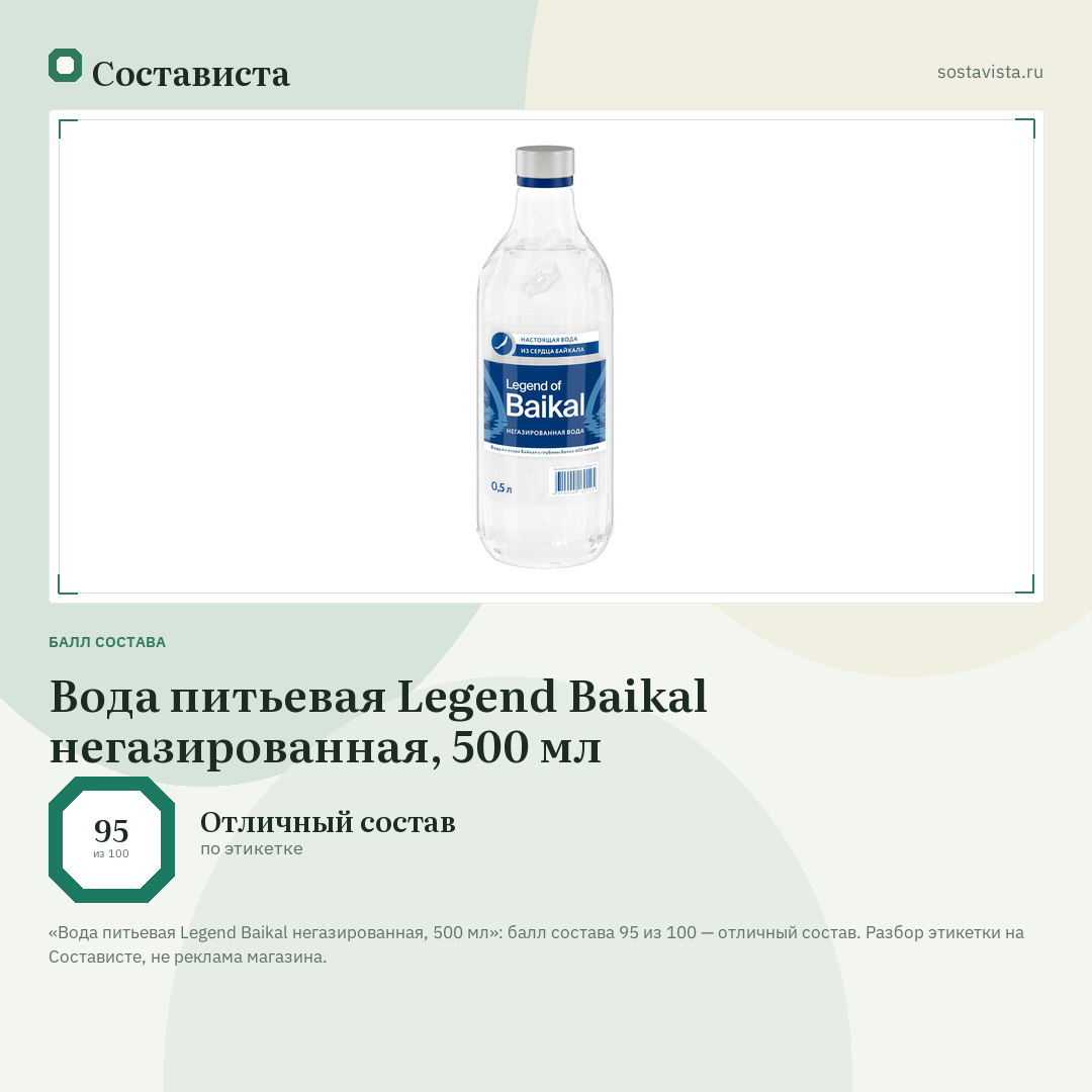 Вода питьевая Legend Baikal негазированная, 500 мл: балл состава 95 из 100 — Состависта