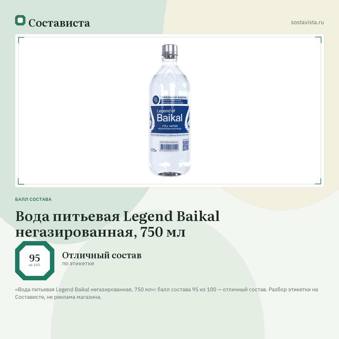 Вода питьевая Legend Baikal негазированная, 750 мл: балл состава 95 из 100 — Состависта