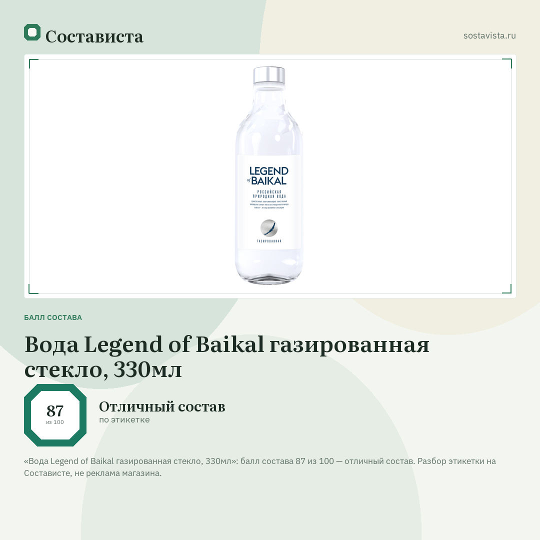 Вода Legend of Baikal газированная стекло, 330мл: балл состава 87 из 100 — Состависта