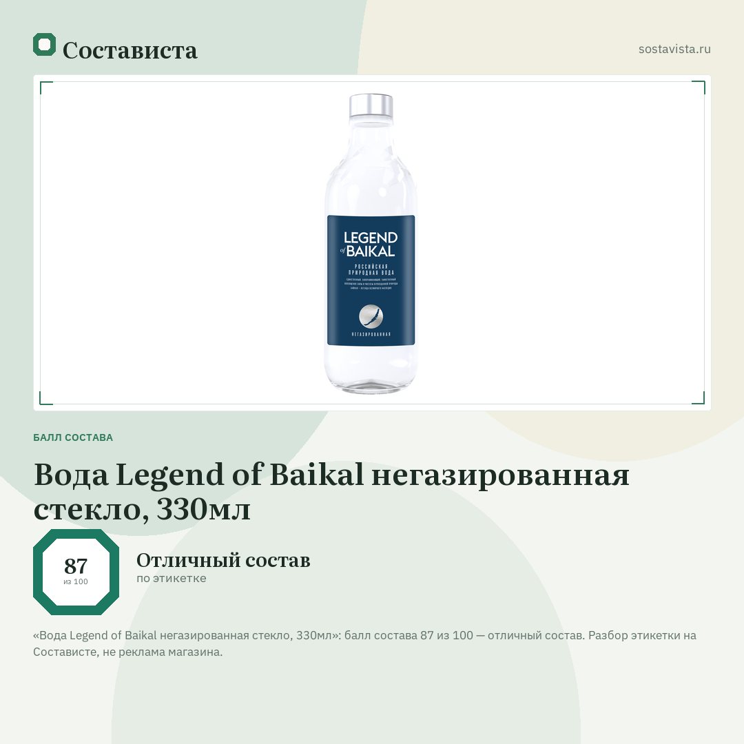 Вода Legend of Baikal негазированная стекло, 330мл: балл состава 87 из 100 — Состависта