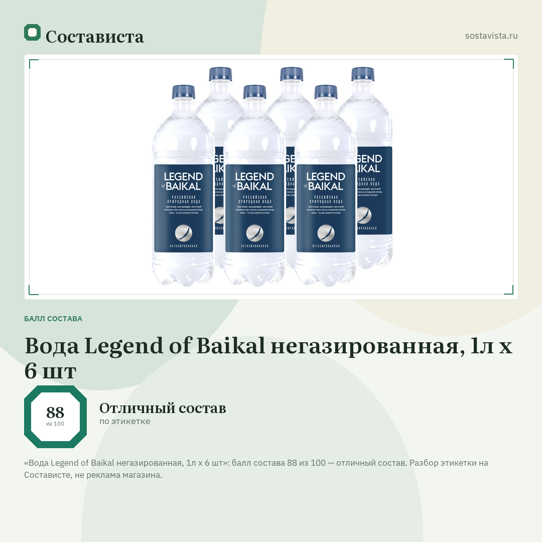 Вода Legend of Baikal негазированная, 1л x 6 шт: балл состава 88 из 100 — Состависта